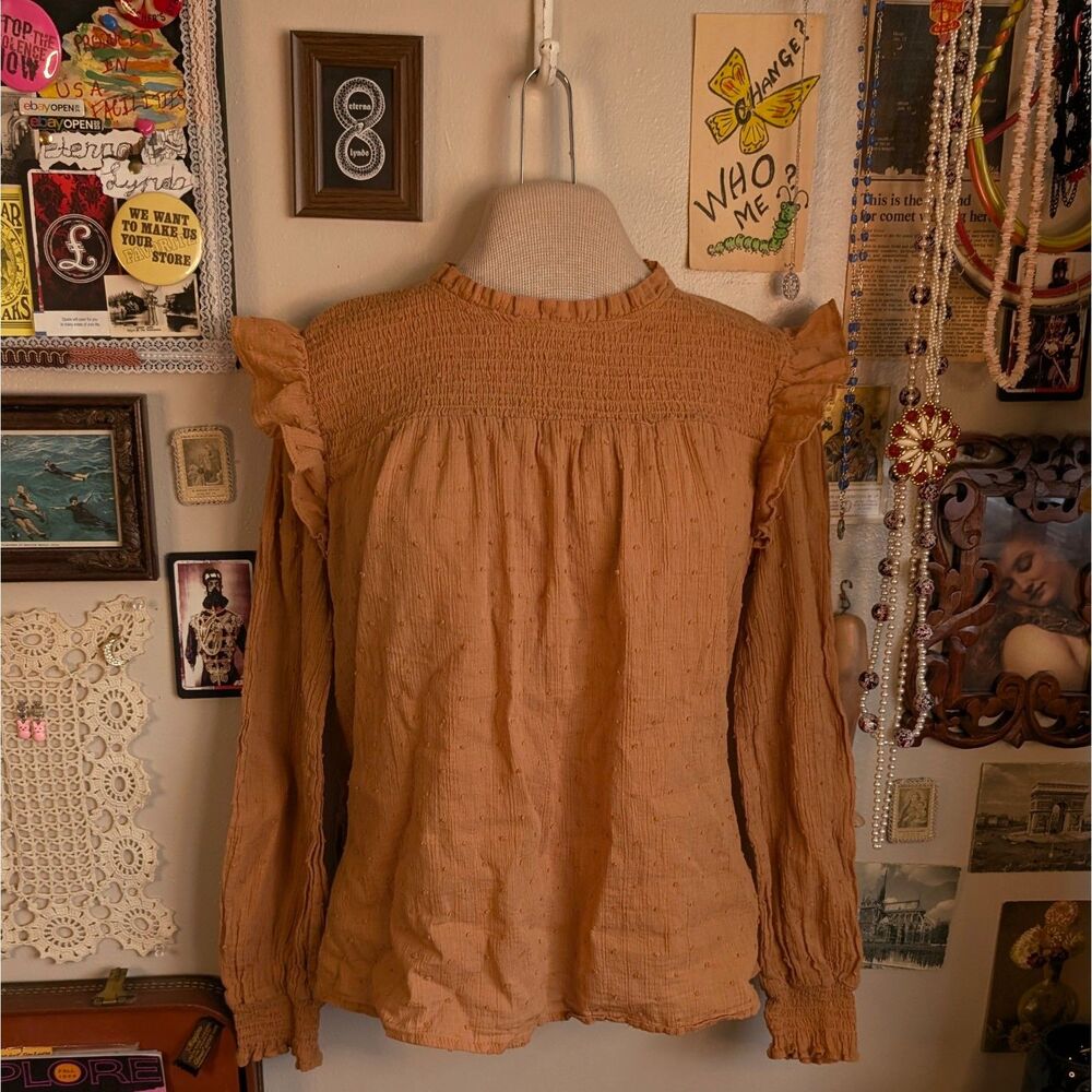 Ruffled Swiss Dot Long Sleeve Blouse Women's Small Peach Orange